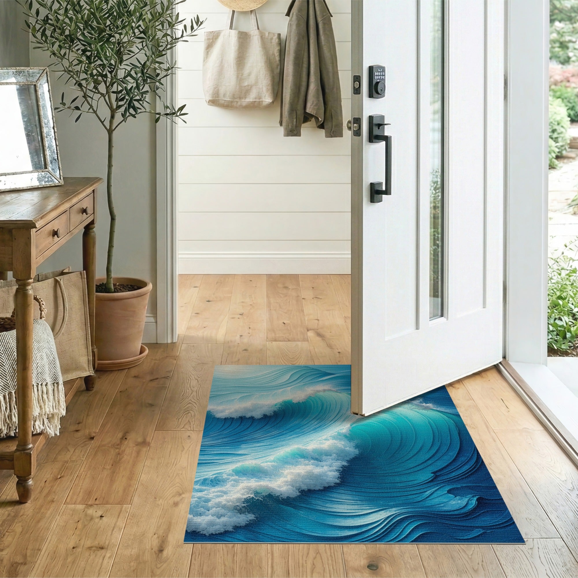 Abstract Ocean Wave Washable Area Rug - Blue Coastal Low Pile Non-Slip