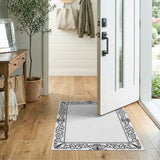 Ornate Scrollwork Floral Border Black White Rug