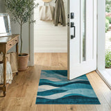 Teal Blue Cascading Waves Abstract Area Rug