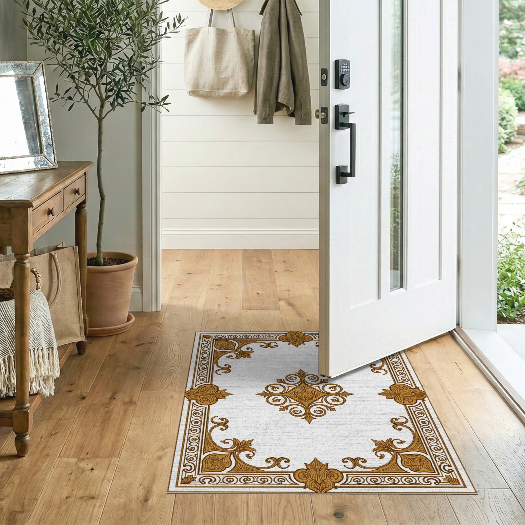 Gold and Silver Floral Vintage Ornate Gold Filigree Border Area Rug