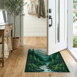 Serene Pine Forest Waterfall Mountain Rug