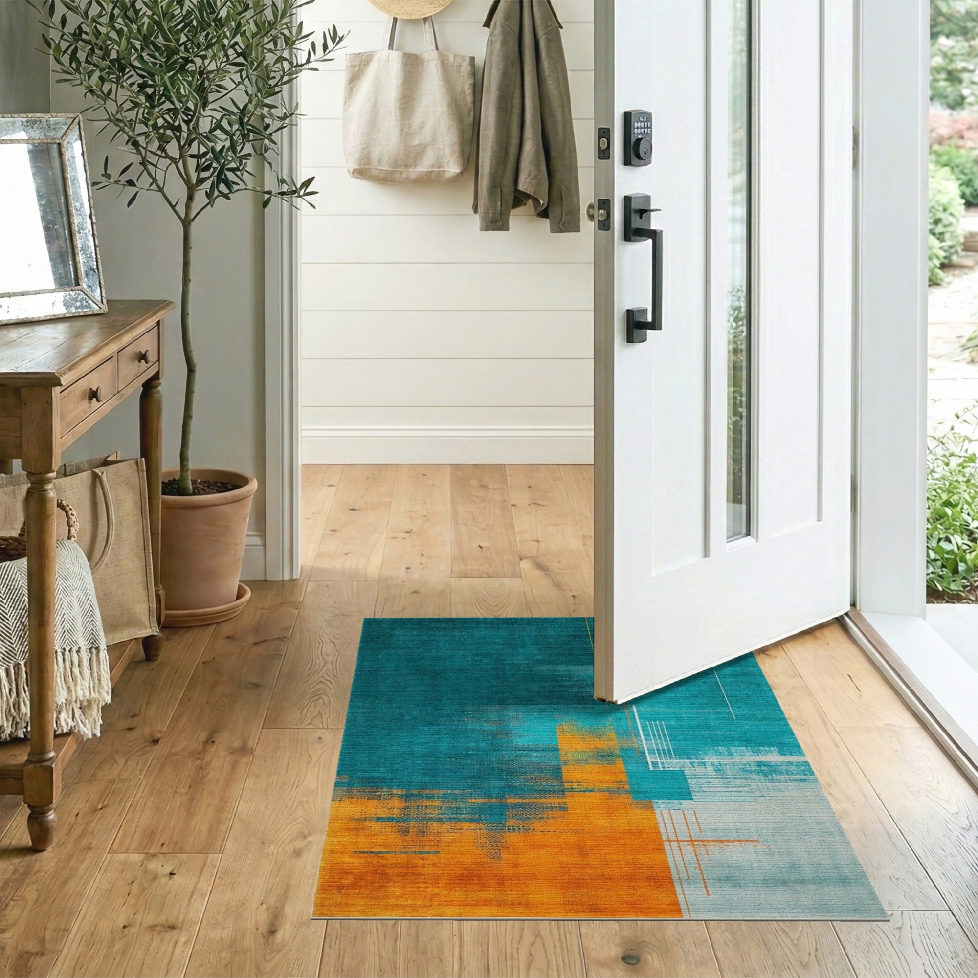 Blue and Teal Teal Orange Geometric Abstract Area Rug