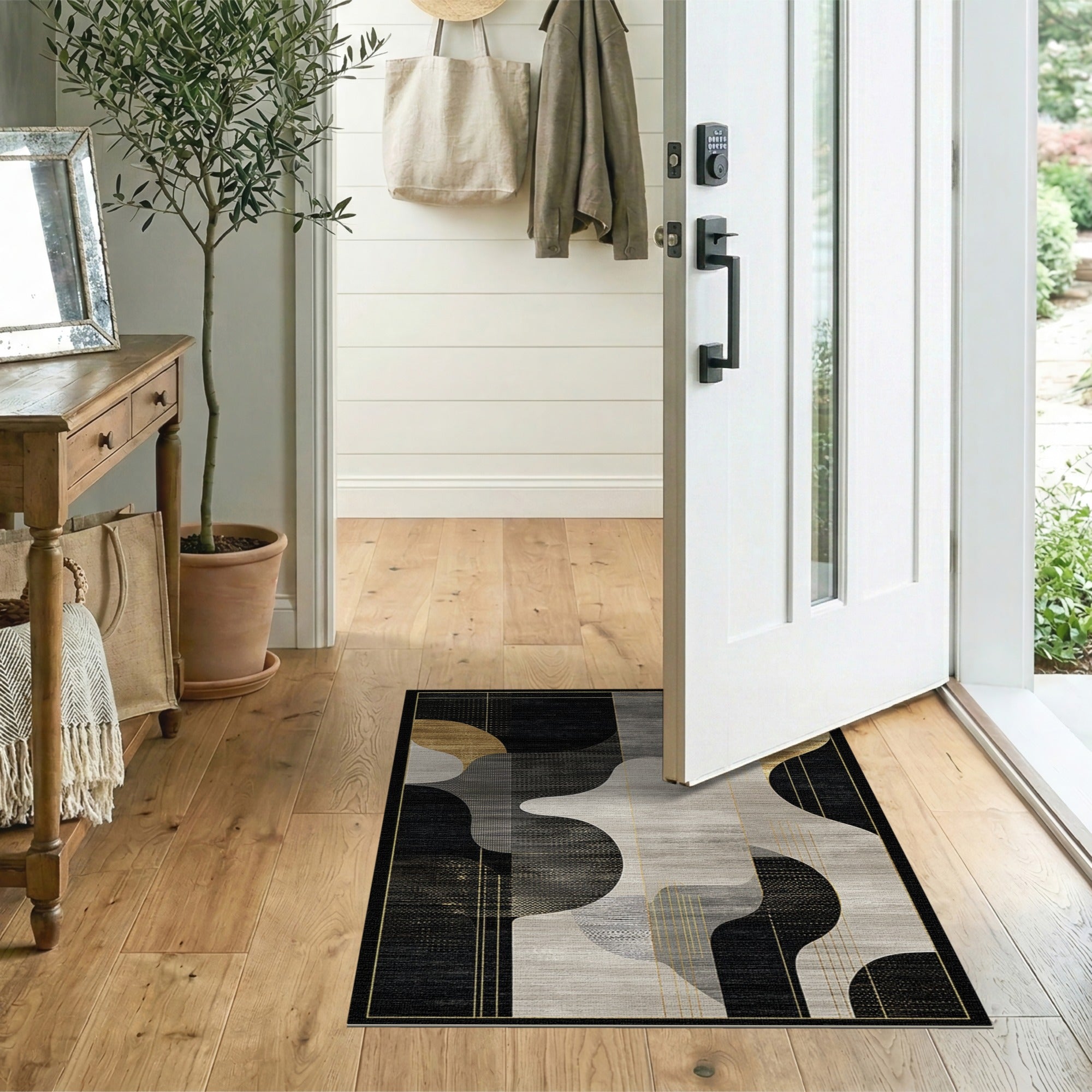 Modern Black Gold Geometric Abstract Area Rug