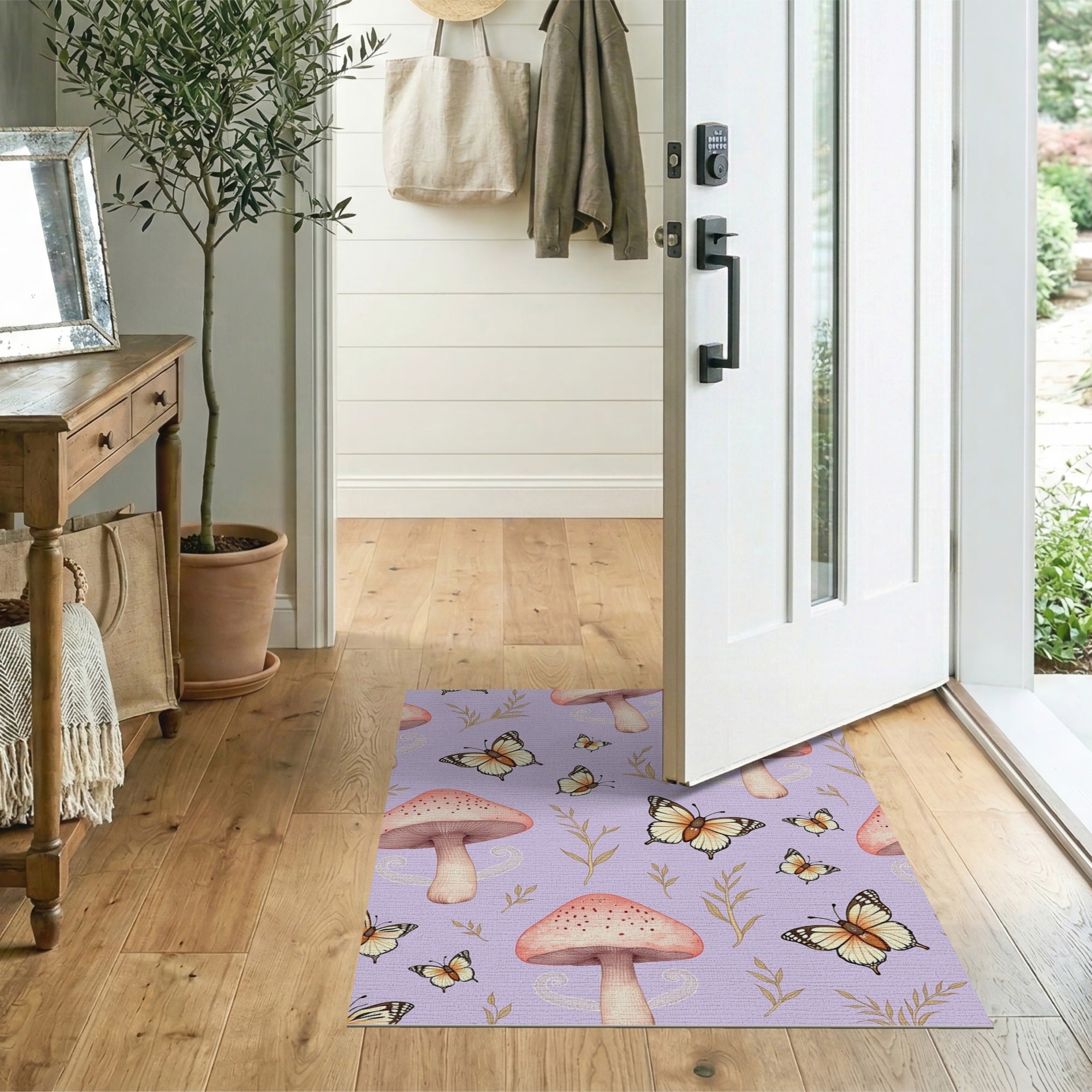 Whimsical Purple Mushroom Butterfly Area Rug