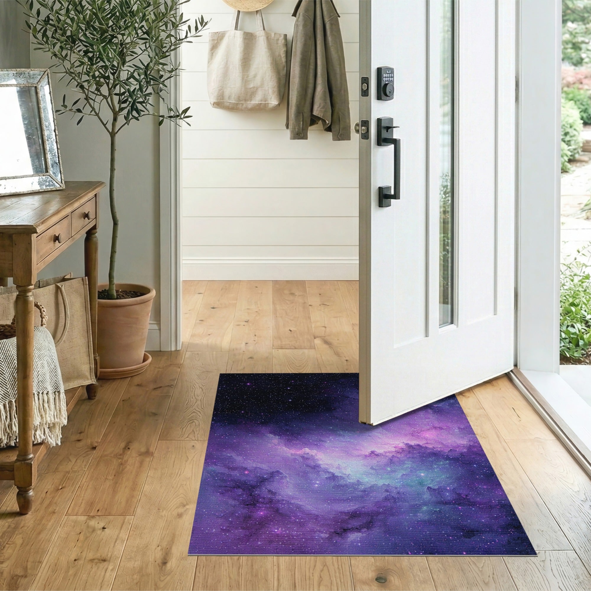 Washable Purple Galaxy Nebula Low Pile Area Rug