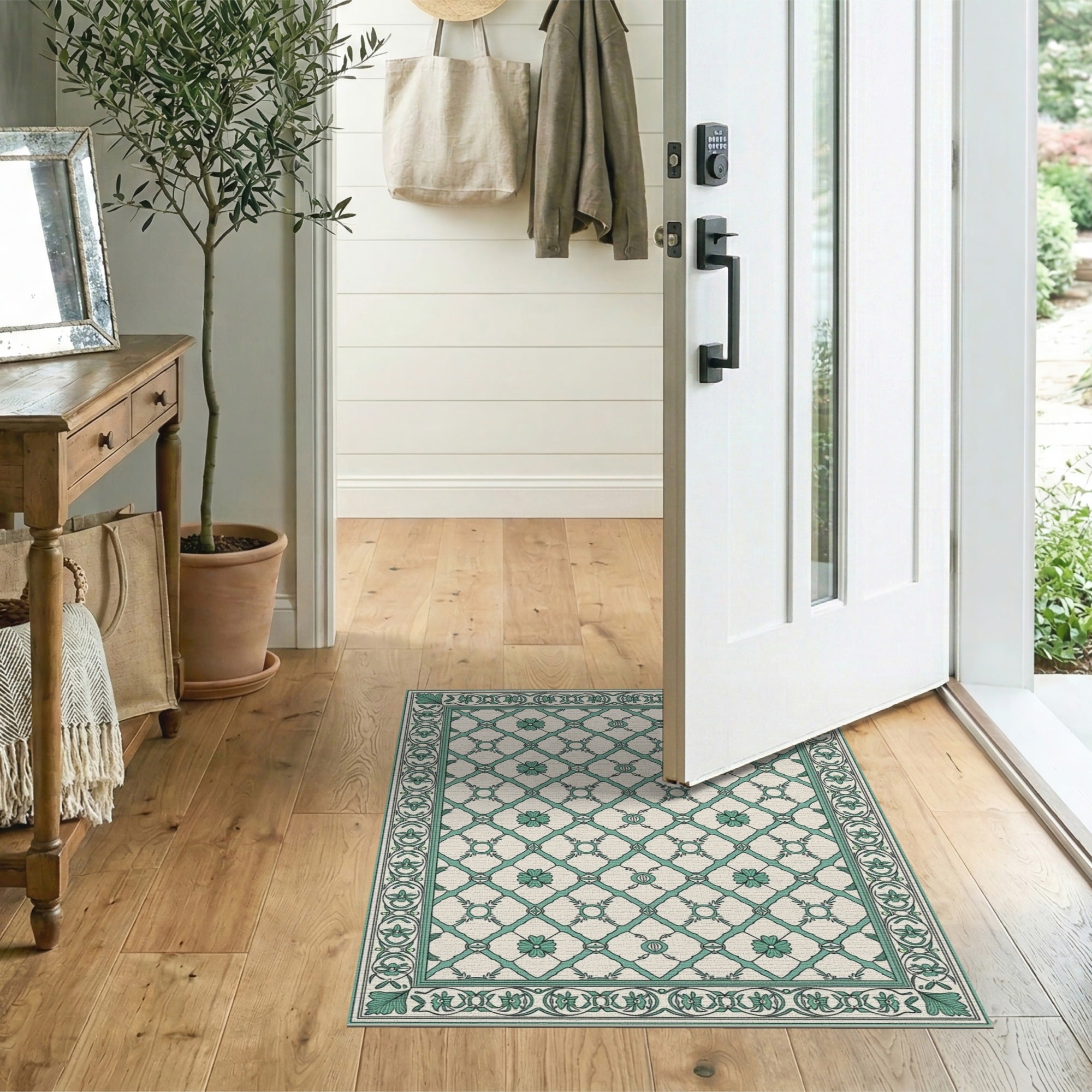 Teal Floral Trellis Cream Area Rug