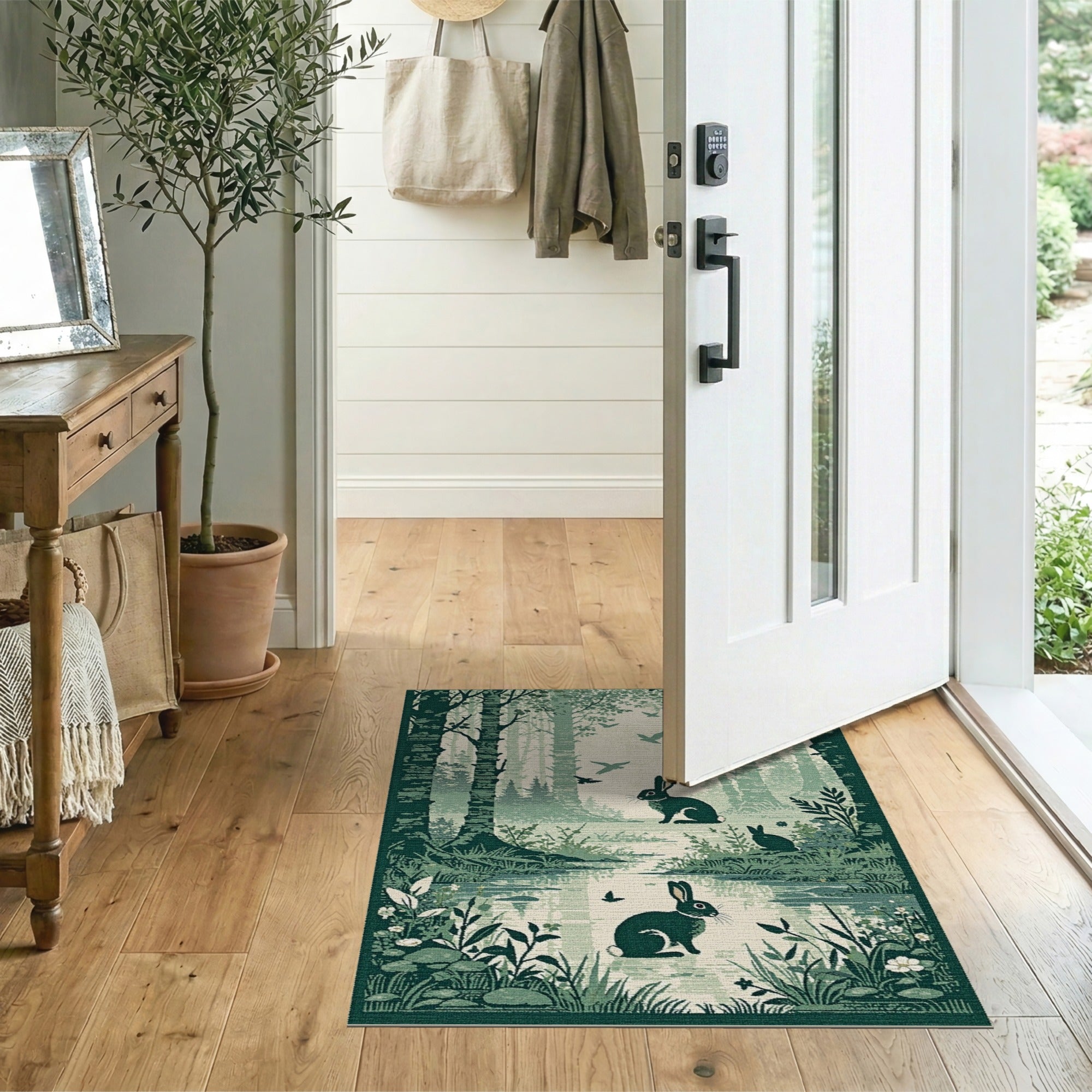 Enchanted Green Forest Rabbits Area Rug