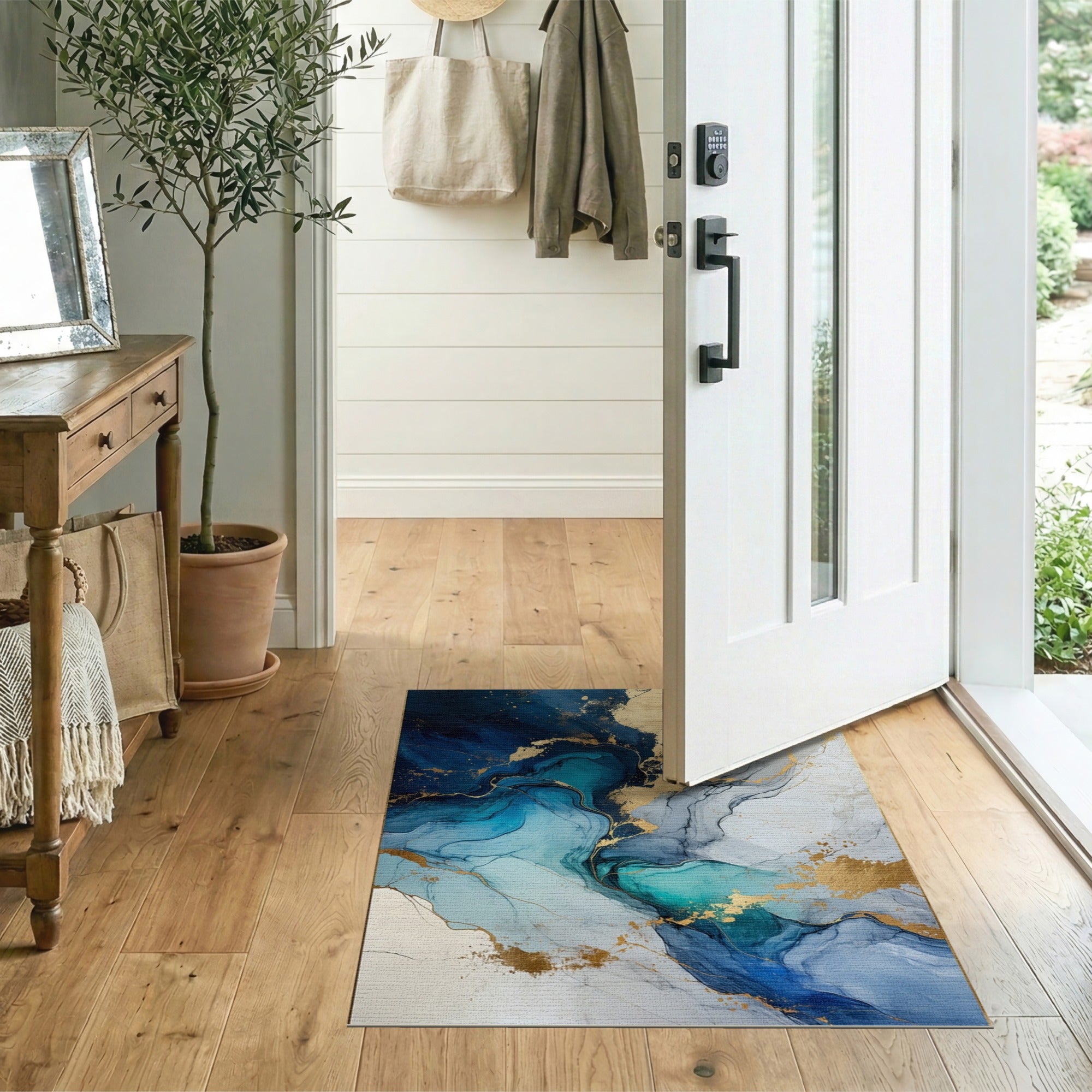 Navy Blue Gold Fluid Abstract Area Rug