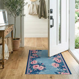 Teal Blue Runner Rug with Pink Rose Borders