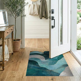 Teal Wave Abstract Area Rug with Gold Accents