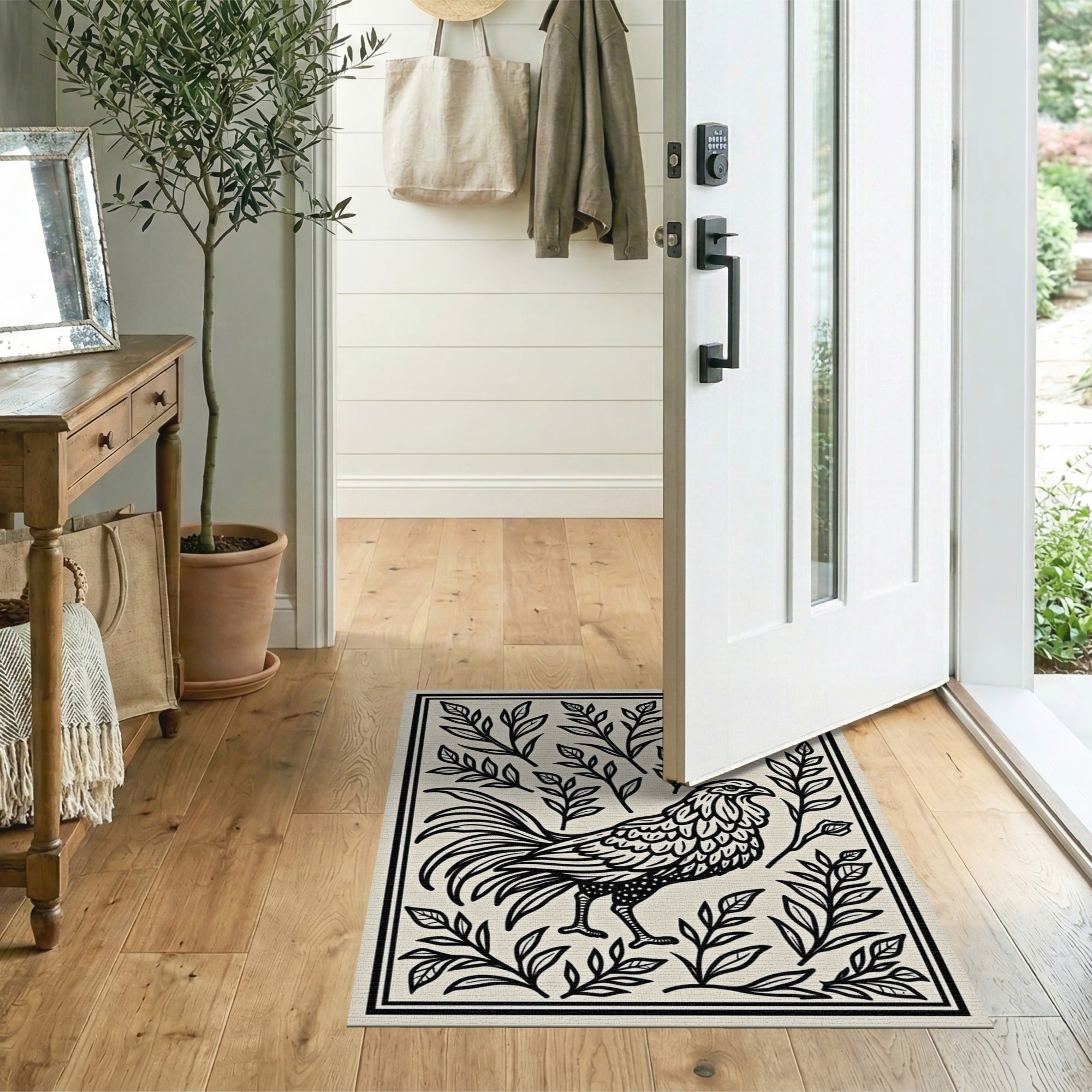 Majestic Rooster with Botanical Leaves Rug