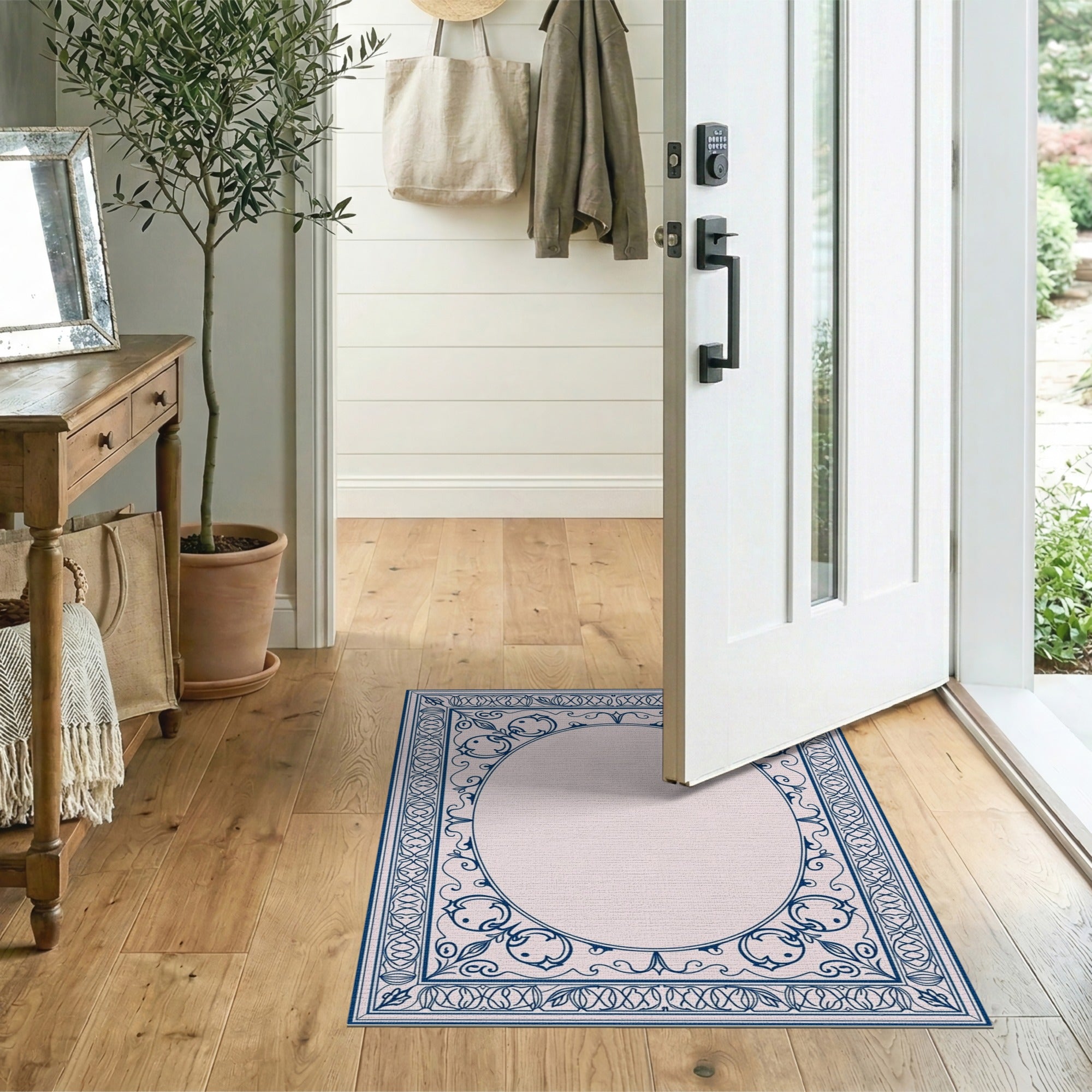 Vintage Navy Blue Ornate Floral Border Blush Pink Area Rug