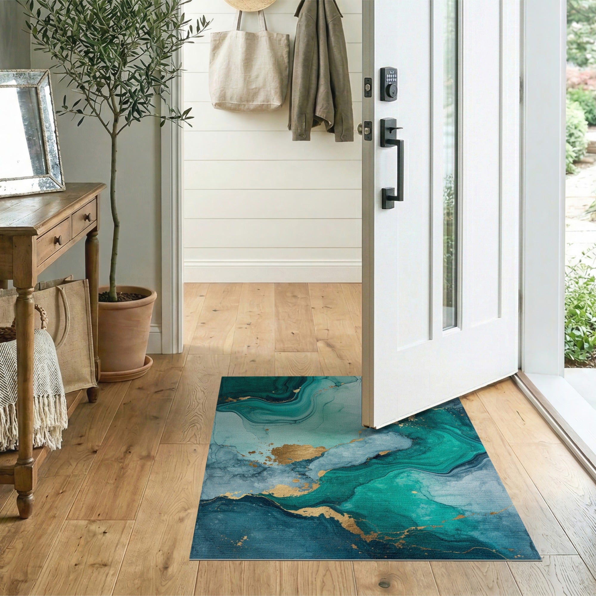 Emerald Teal Gold Fluid Abstract Area Rug