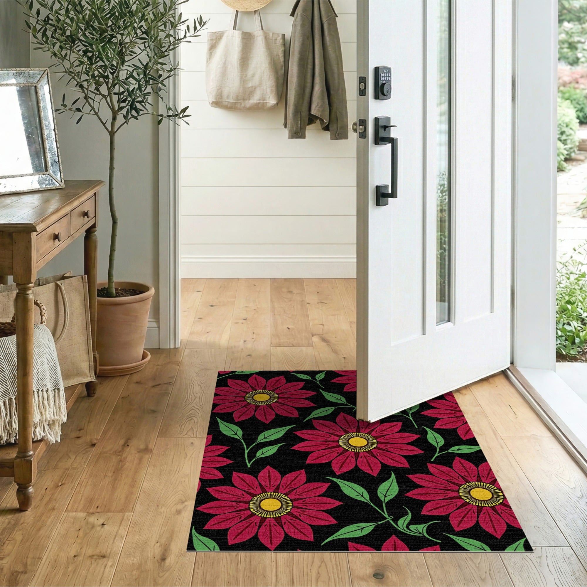 Bold Red Floral Black Area Rug