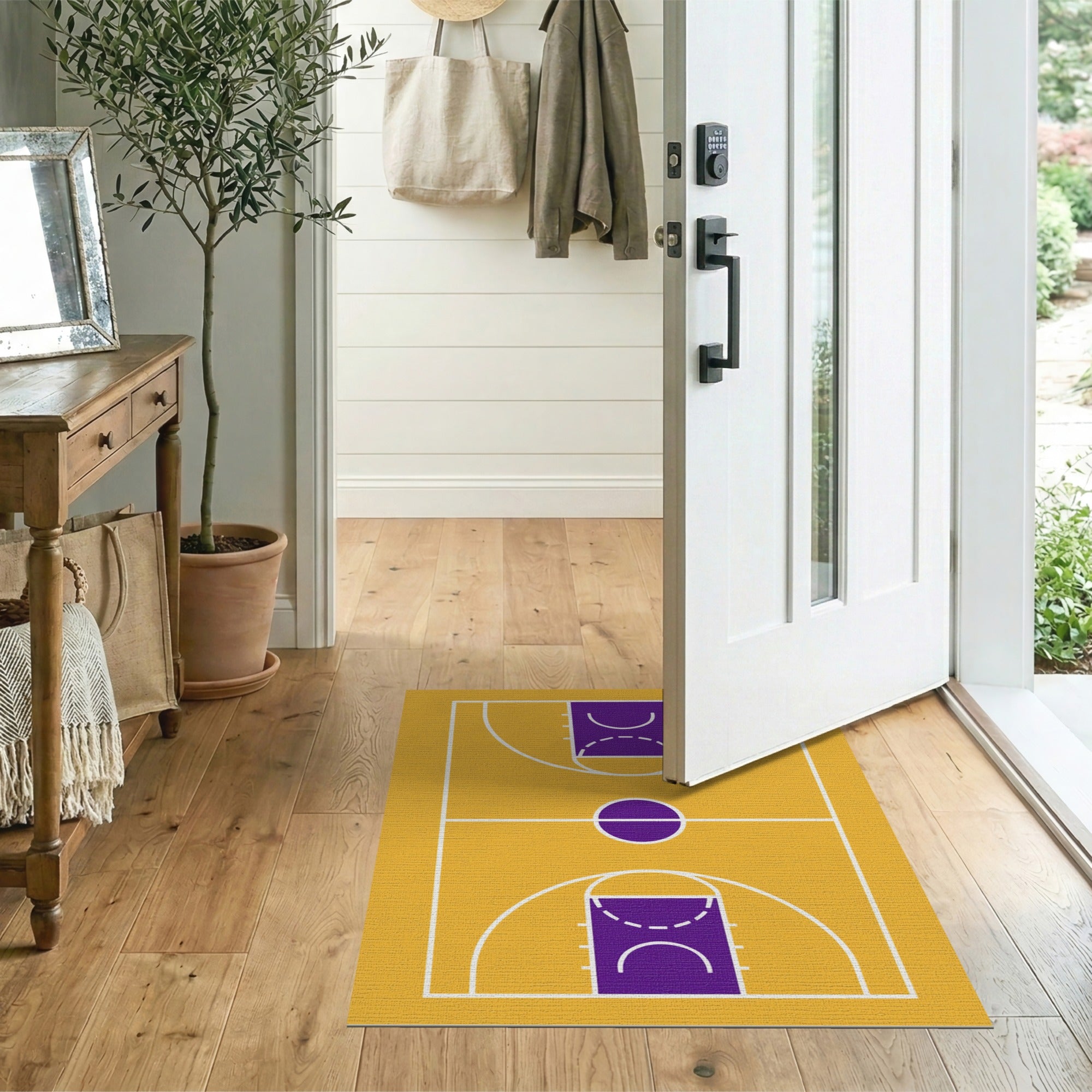 Yellow Basketball Court Area Rug with Purple Hoops