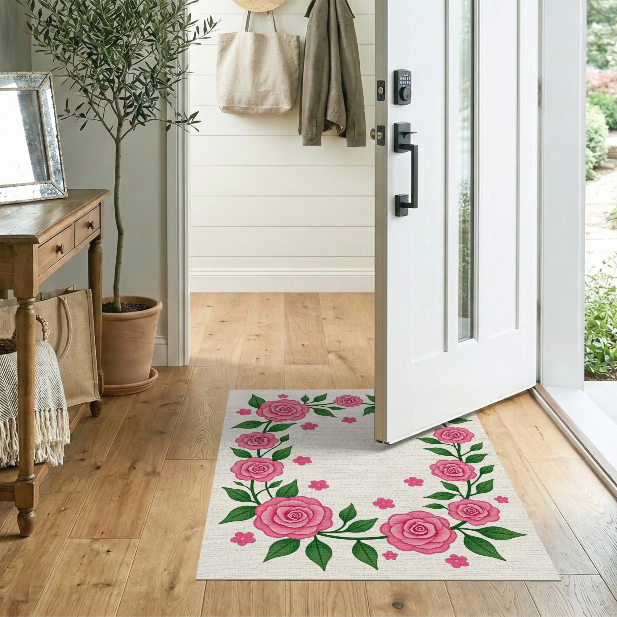 Pink Rose Wreath Floral Area Rug
