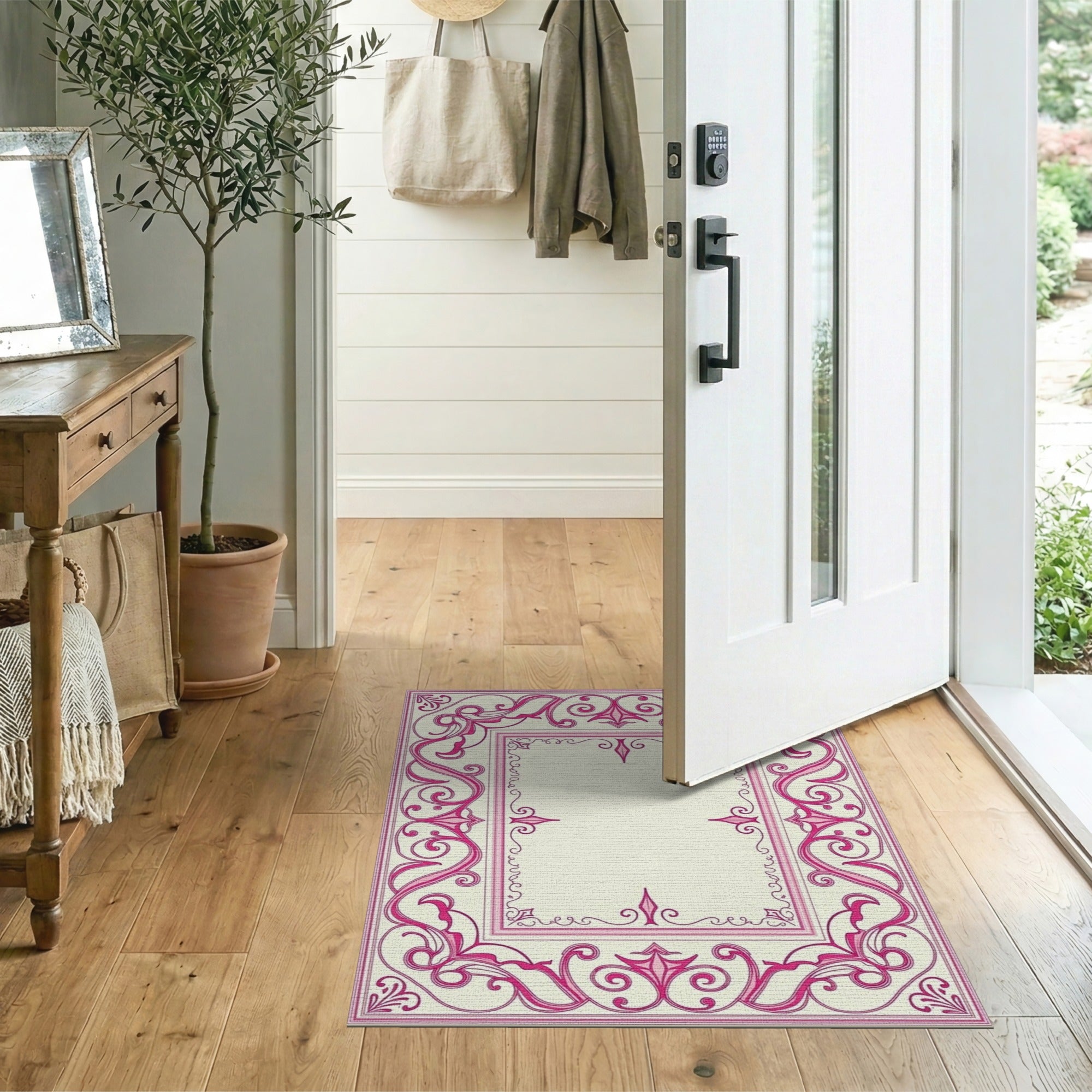 Floral Vintage Elegant Pink Floral Ornate Border Rug