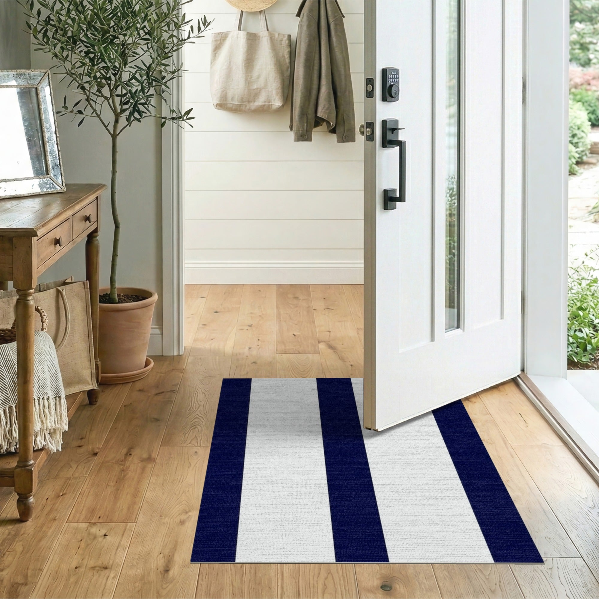 ODIKA Navy and White Vertical Striped Washable Area Rug, Low Pile Non-Slip