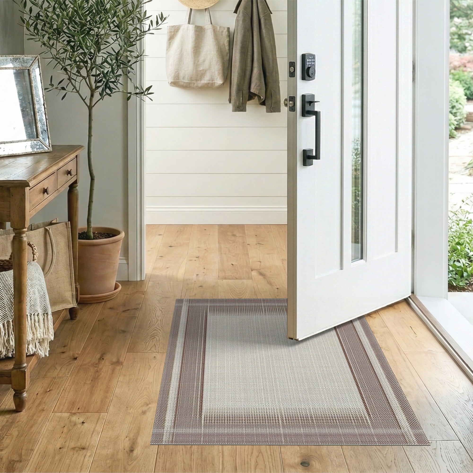 Rustic Brown Tan Plaid Border Area Rug