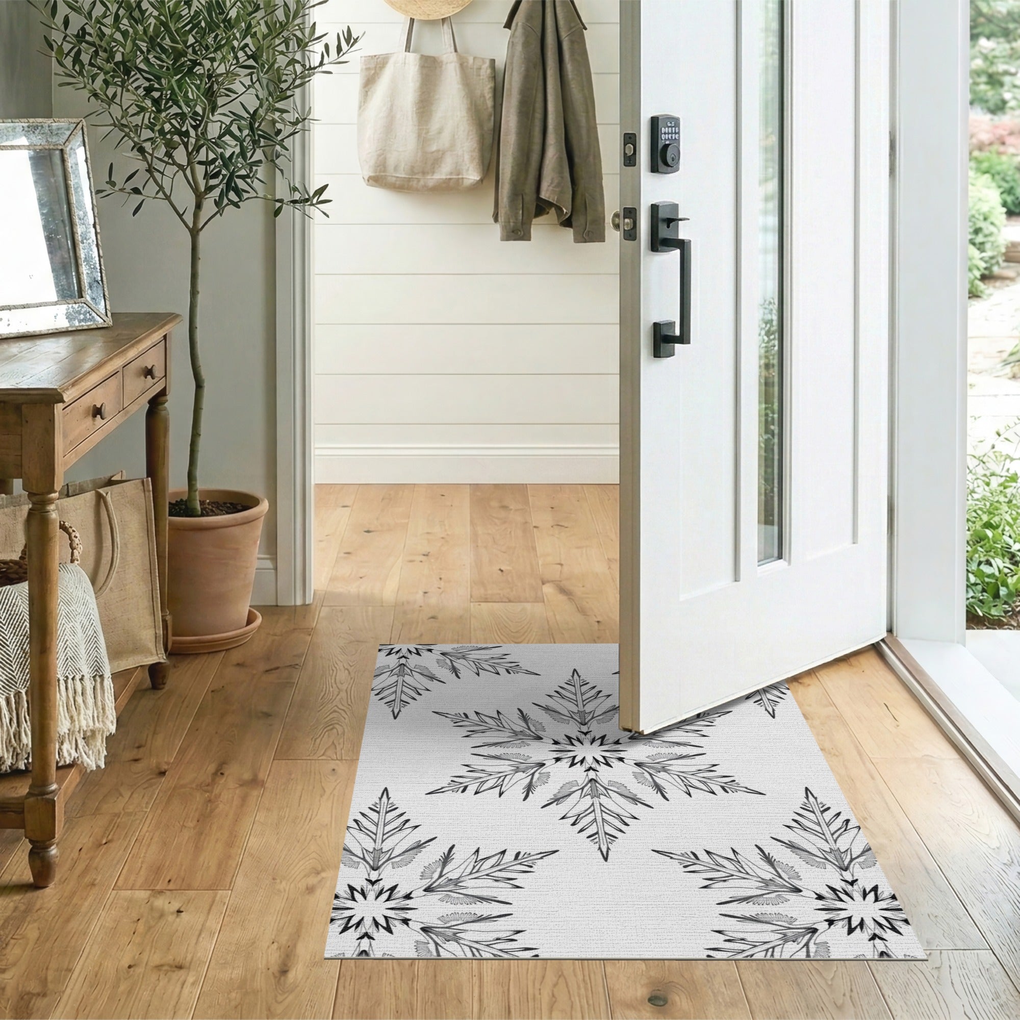 Intricate Snowflake Black White Geometric Rug