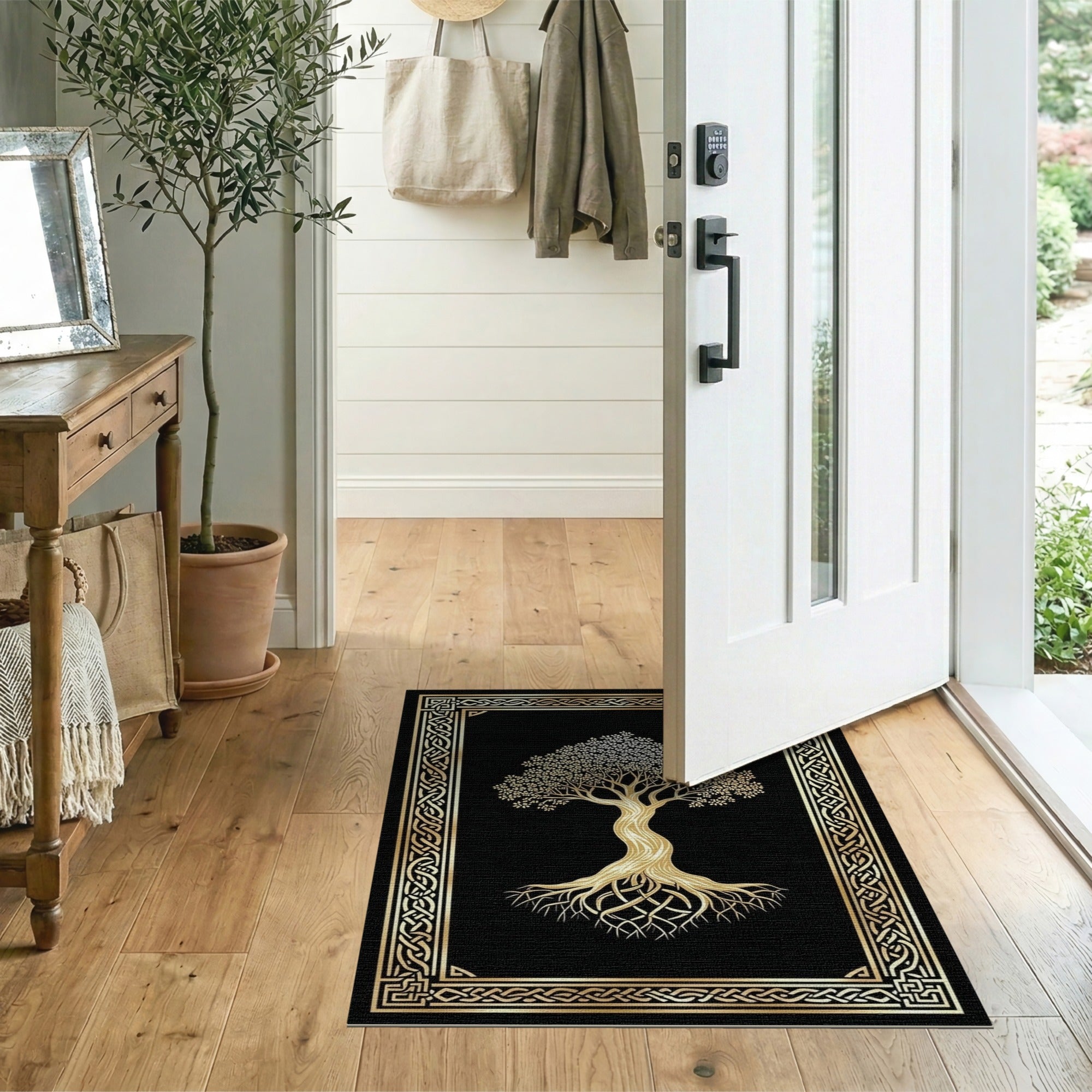 Washable Black Gold Celtic Tree of Life Area Rug, Low Pile & Non-Slip