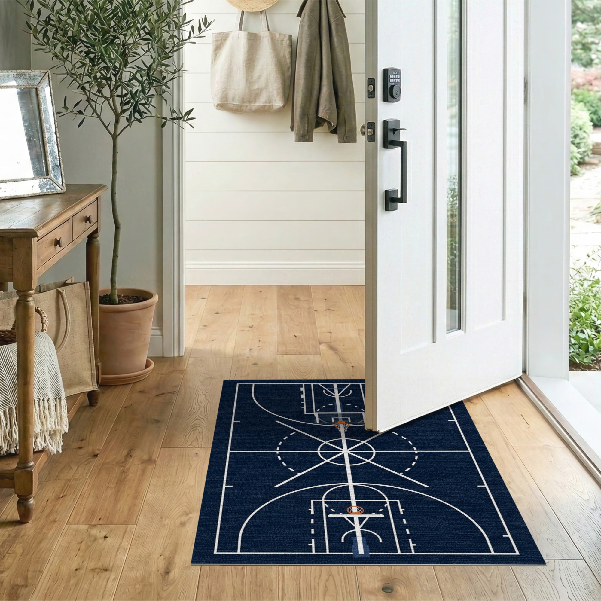 Blue and Teal Navy Basketball Court Blueprint Area Rug