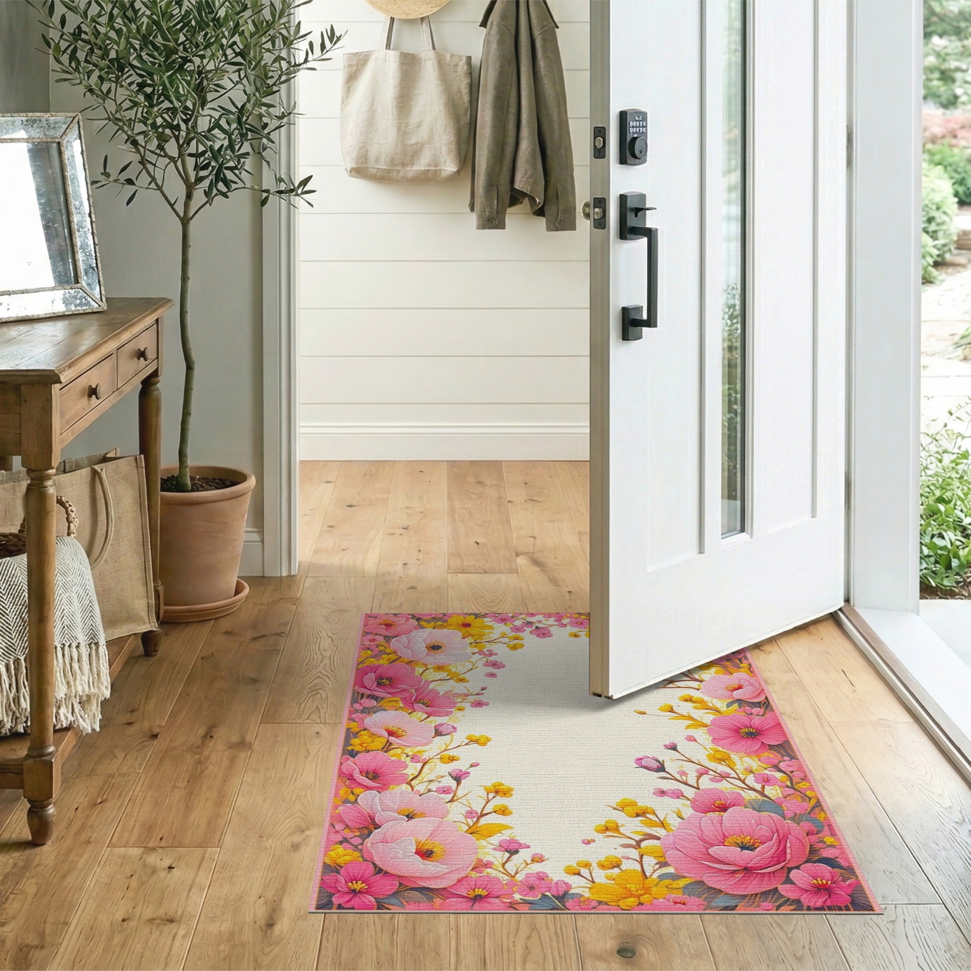 Pink Peony Yellow Mimosa Floral Border Rug