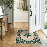 Ornate Teal Border Cream Area Rug