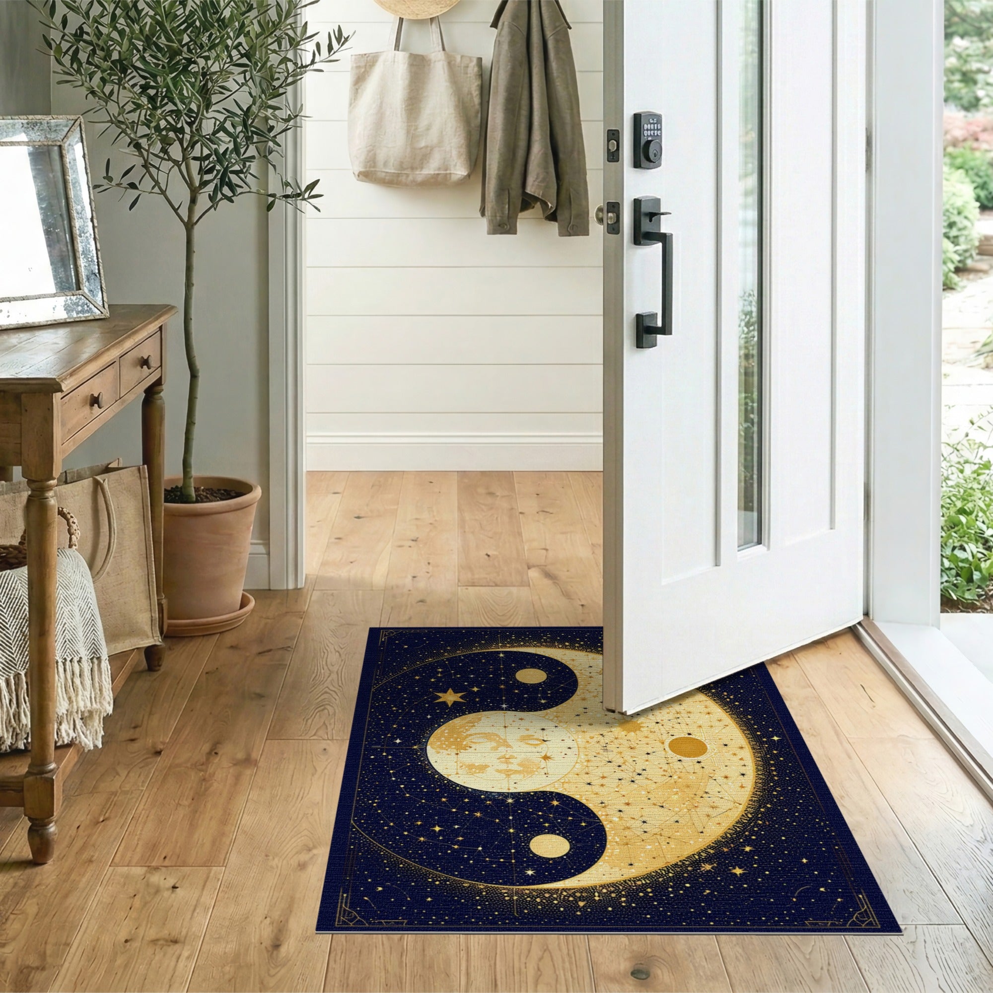 Boho Celestial Sun and Moon Washable Area Rug - Navy Blue & Gold Yin Yang