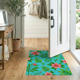 Blue and Teal Vibrant Pink Hibiscus Teal Floral Area Rug