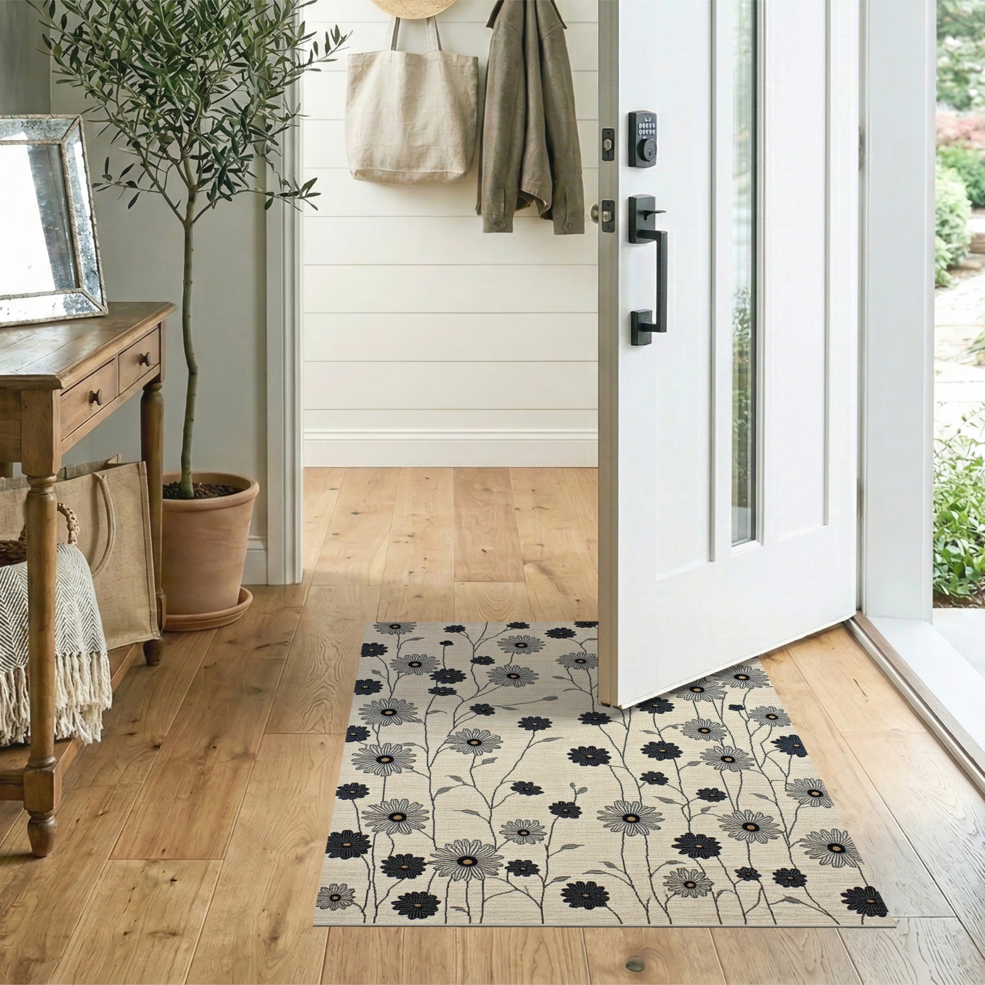 Vintage Black Daisy Floral Beige Area Rug