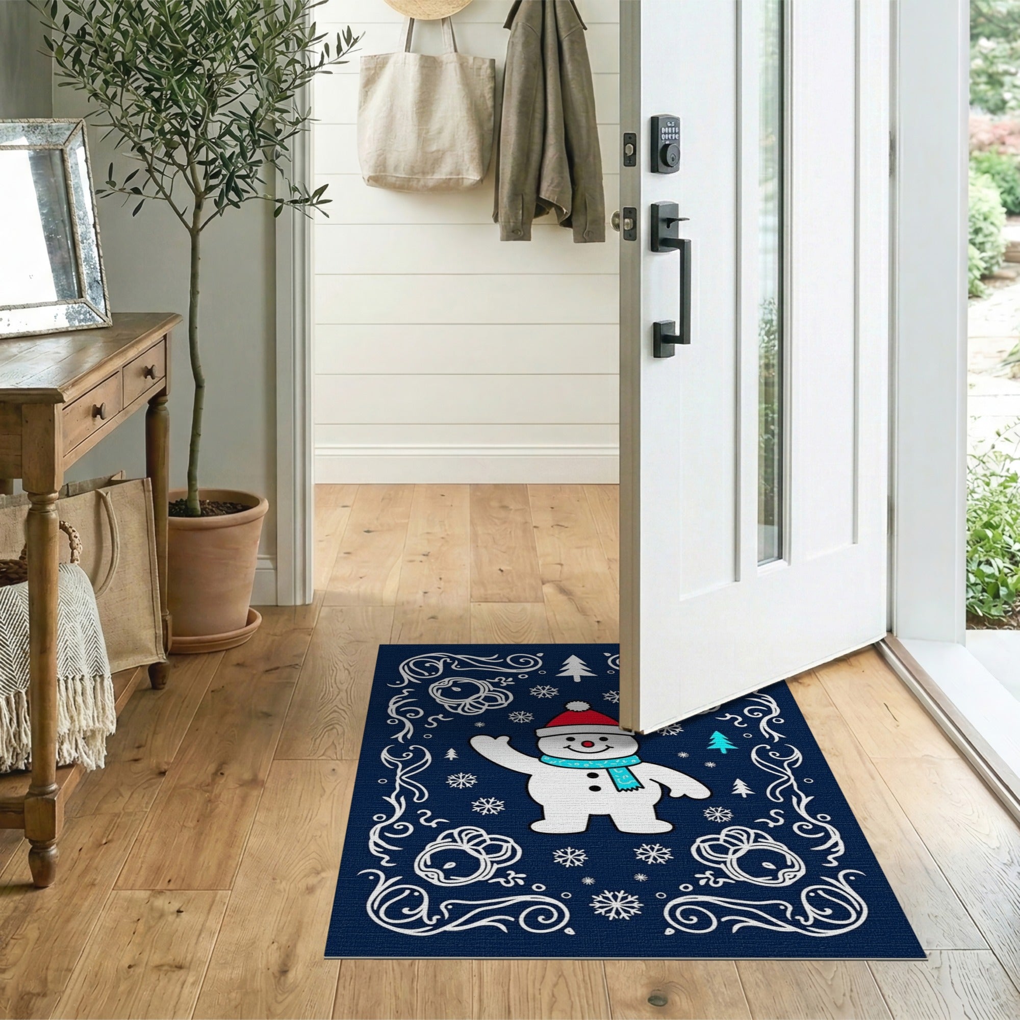 ODIKA Festive Snowman Washable Holiday Rug - Non-Slip Low Pile Christmas Decor