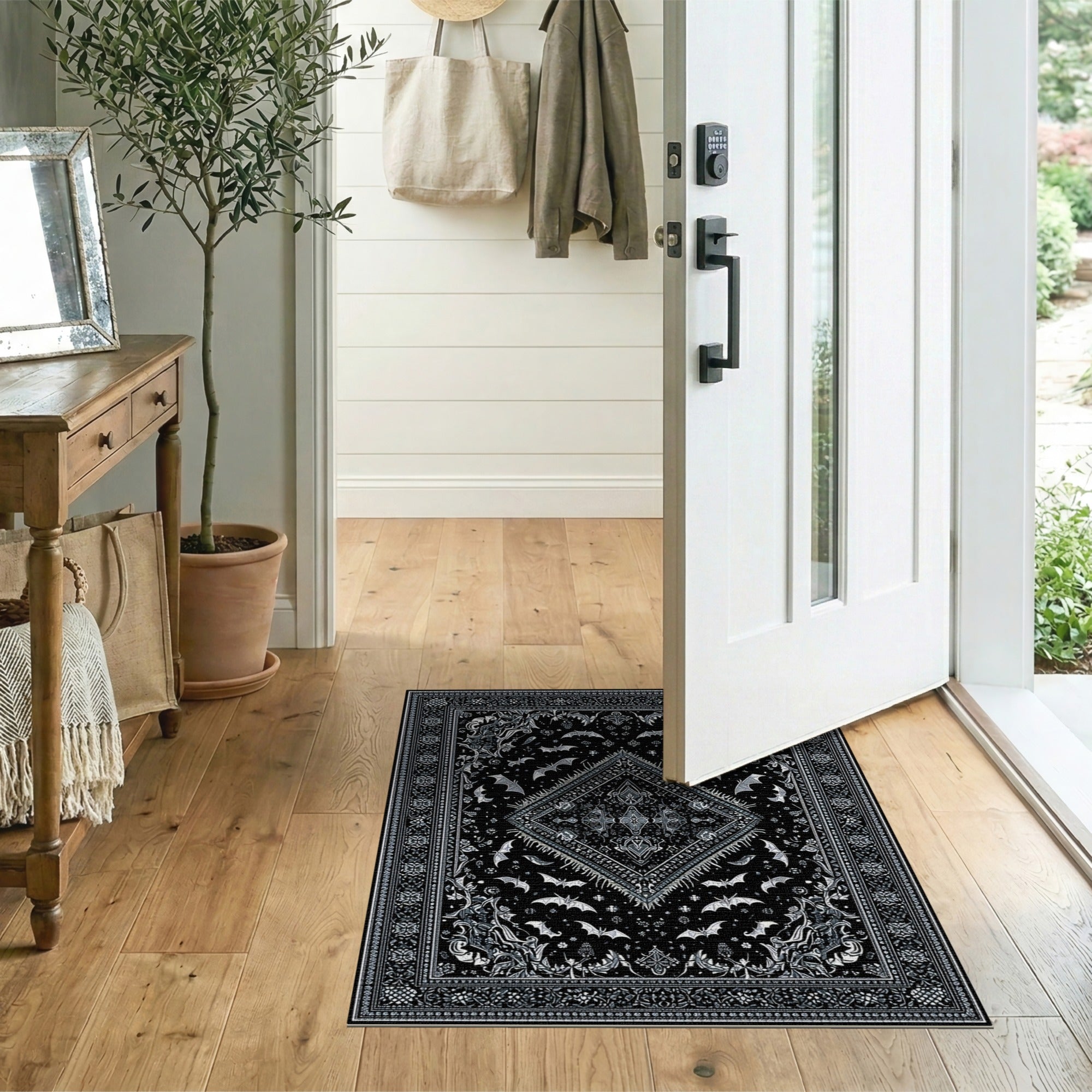 ODIKA Gothic Bat Medallion Washable Area Rug, Low Pile Non-Slip Spooky Carpet