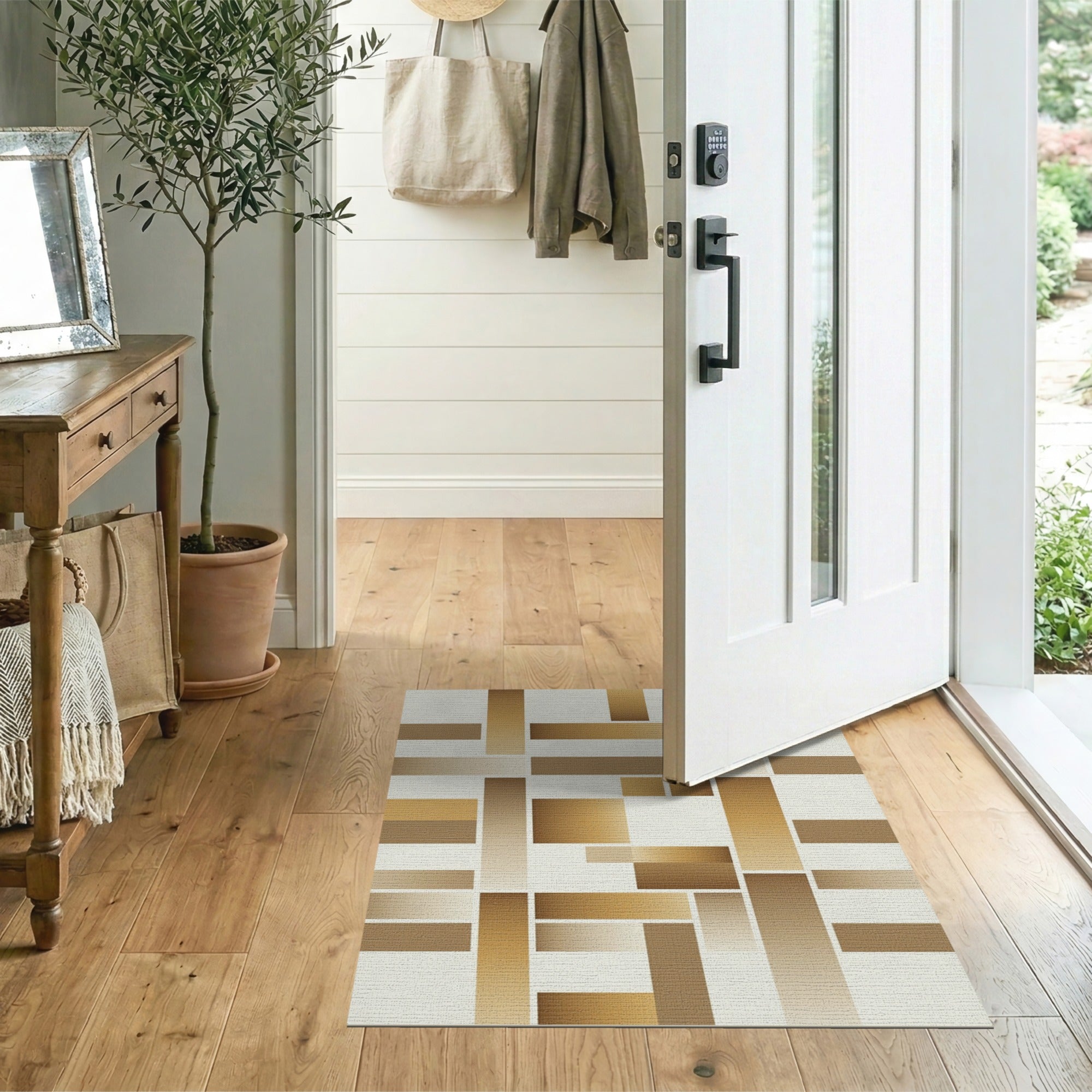Layered Tan Brown Geometric Area Rug