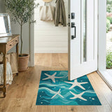 ODIKA Starfish Coastal Teal Washable Area Rug - Low Pile Non-Slip Nautical Decor