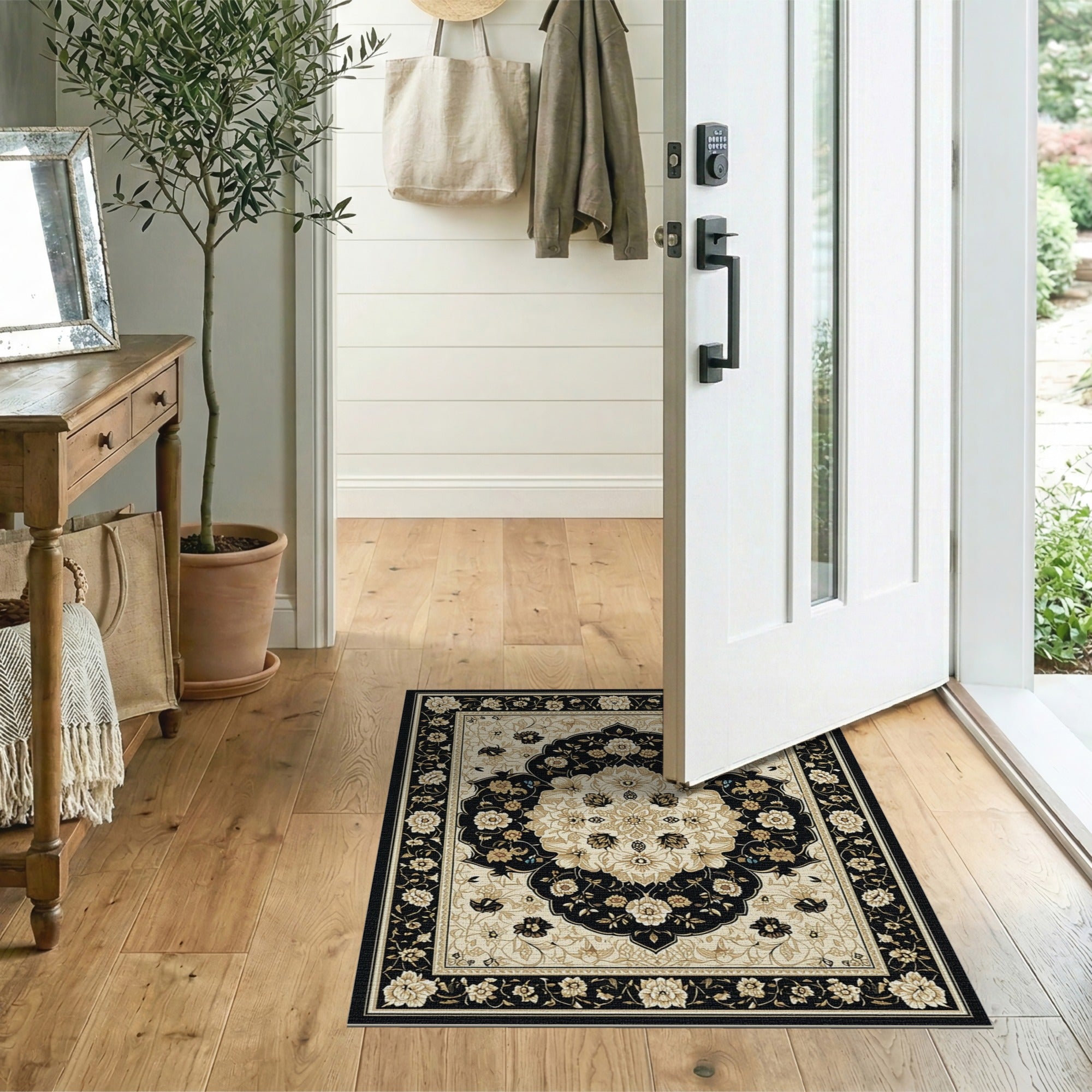 Elegant Black Ivory Traditional Persian Area Rug
