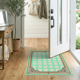 Mint Green Geometric Grid Rug with Ornate Gold Borders