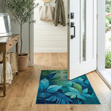 Blue Teal Leaves Washable Area Rug