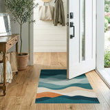 ODIKA Washable Abstract Coastal Wavy Area Rug - Modern Teal & Terracotta Low Pile Non-Slip Rug