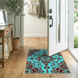 Teal Persian Area Rug with Maroon Floral Motifs
