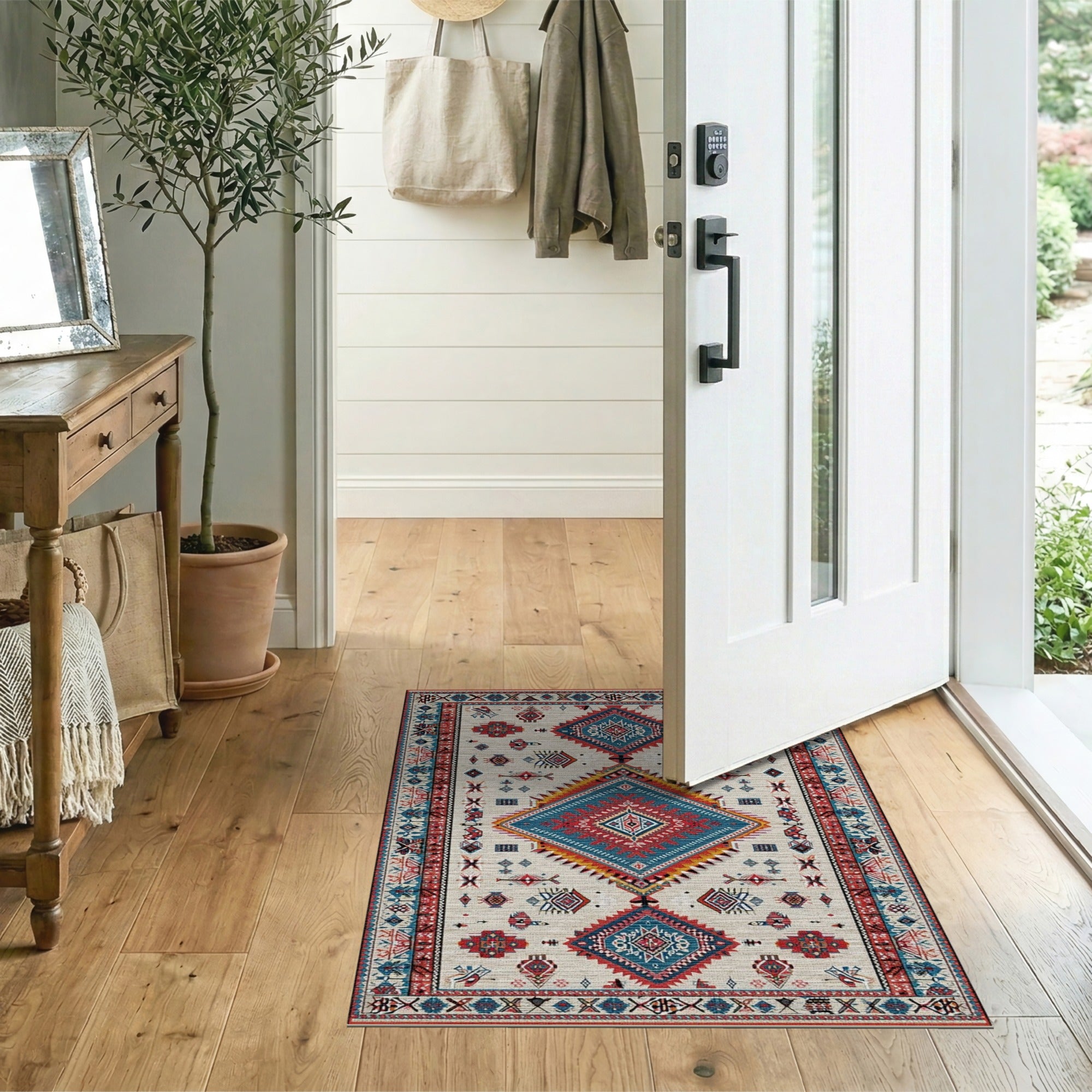 Ivory Blue Teal Red Heritage Tribal Area Rug