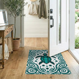 ODIKA Teal Sea Turtle Washable Area Rug - Coastal Low Pile Non-Slip Rug
