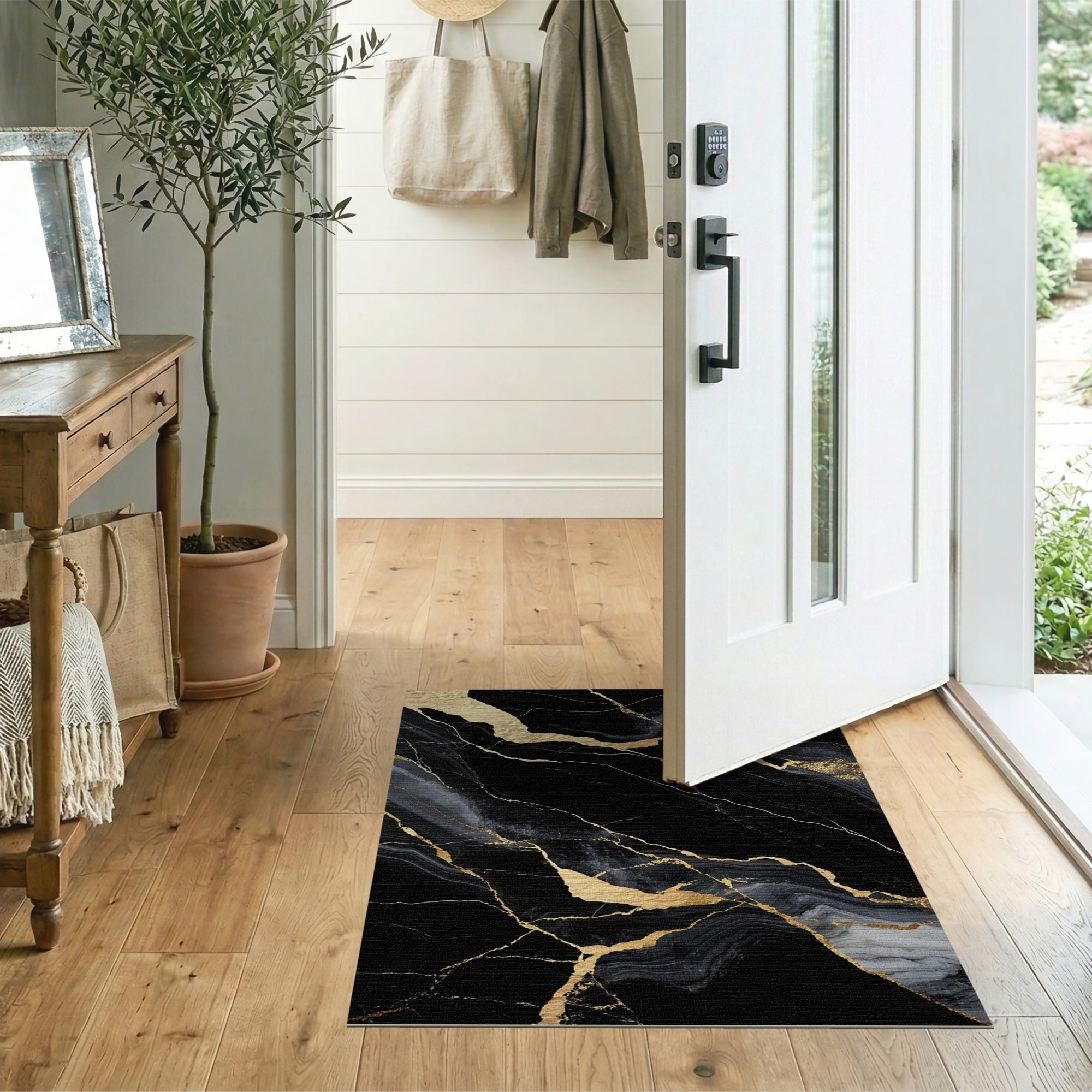 ODIKA Modern Black and Gold Marble Washable Area Rug - Luxury Low Pile Non-Slip Rug