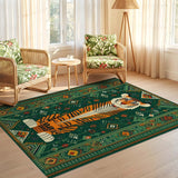 ODIKA Washable Tiger Area Rug - Green Tribal Geometric Jungle Pattern, Low Pile