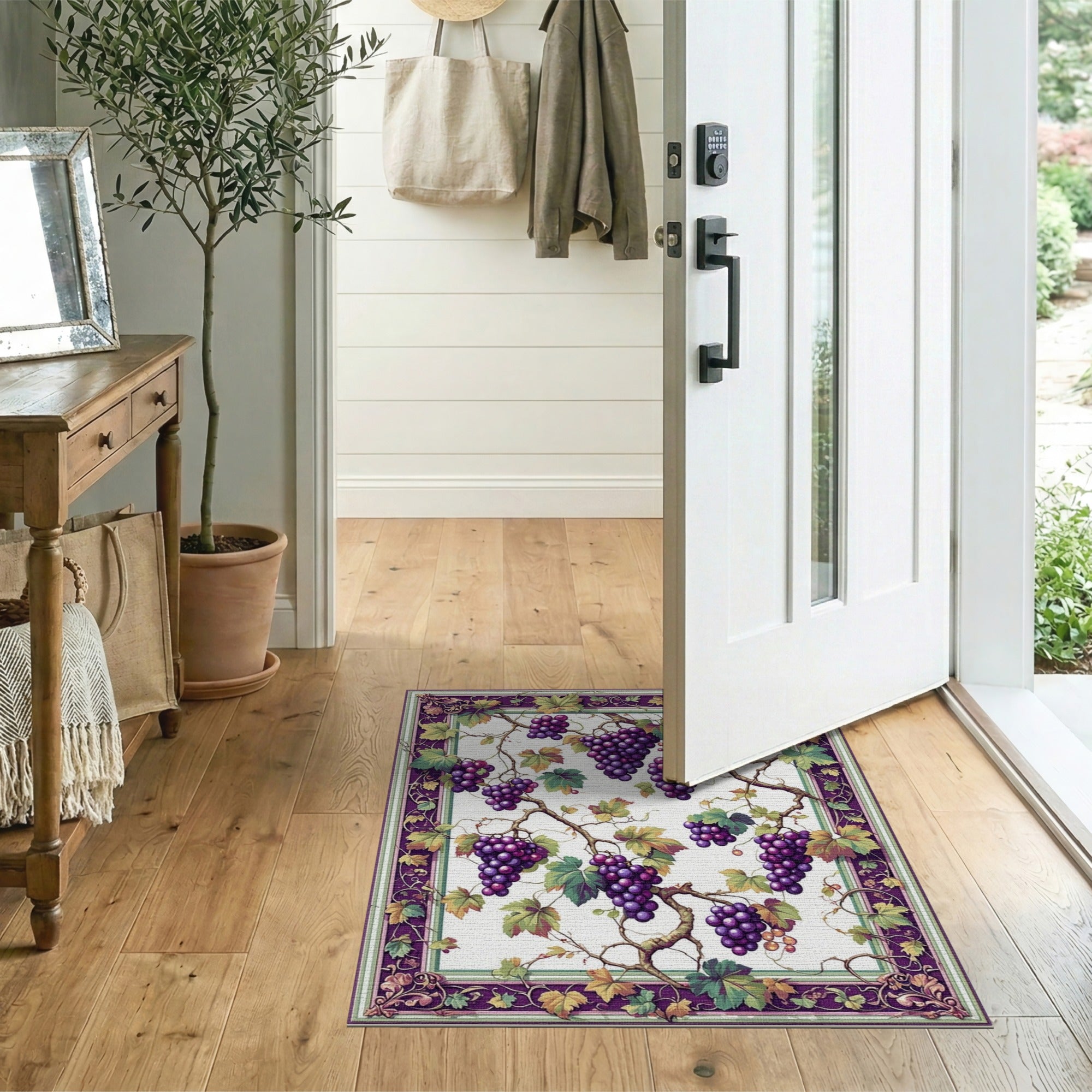 ODIKA Vintage Grapevine Washable Area Rug, Low Pile Non-Slip Botanical Print Carpet
