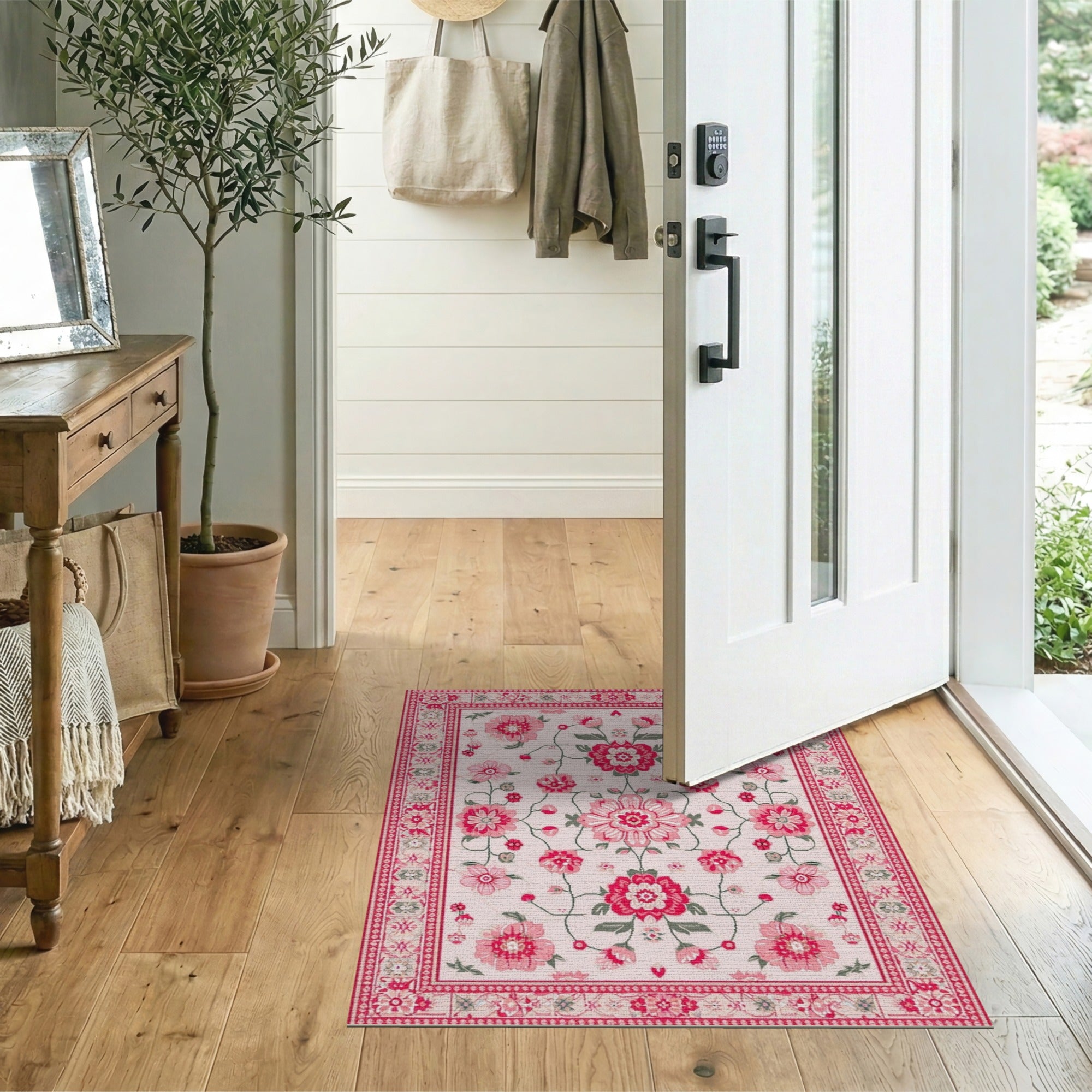 Pink Floral Vintage Area Rug with Ornate Borders