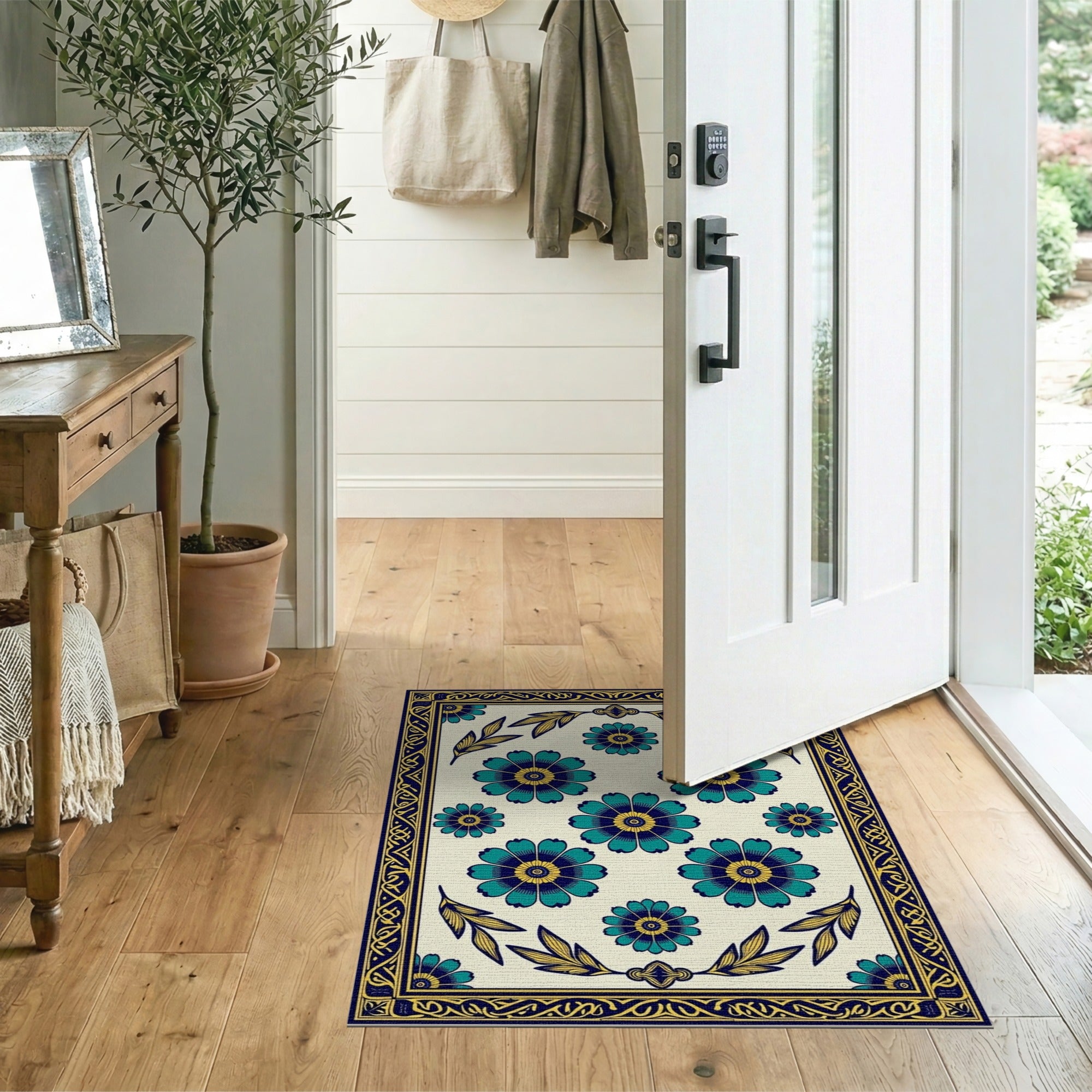 Teal Floral Persian Rug with Gold Border