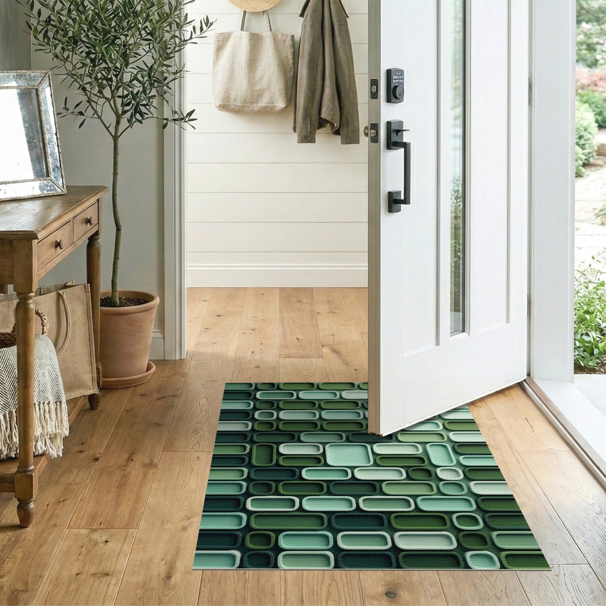 Green Stacked Rectangle Geometric Rug