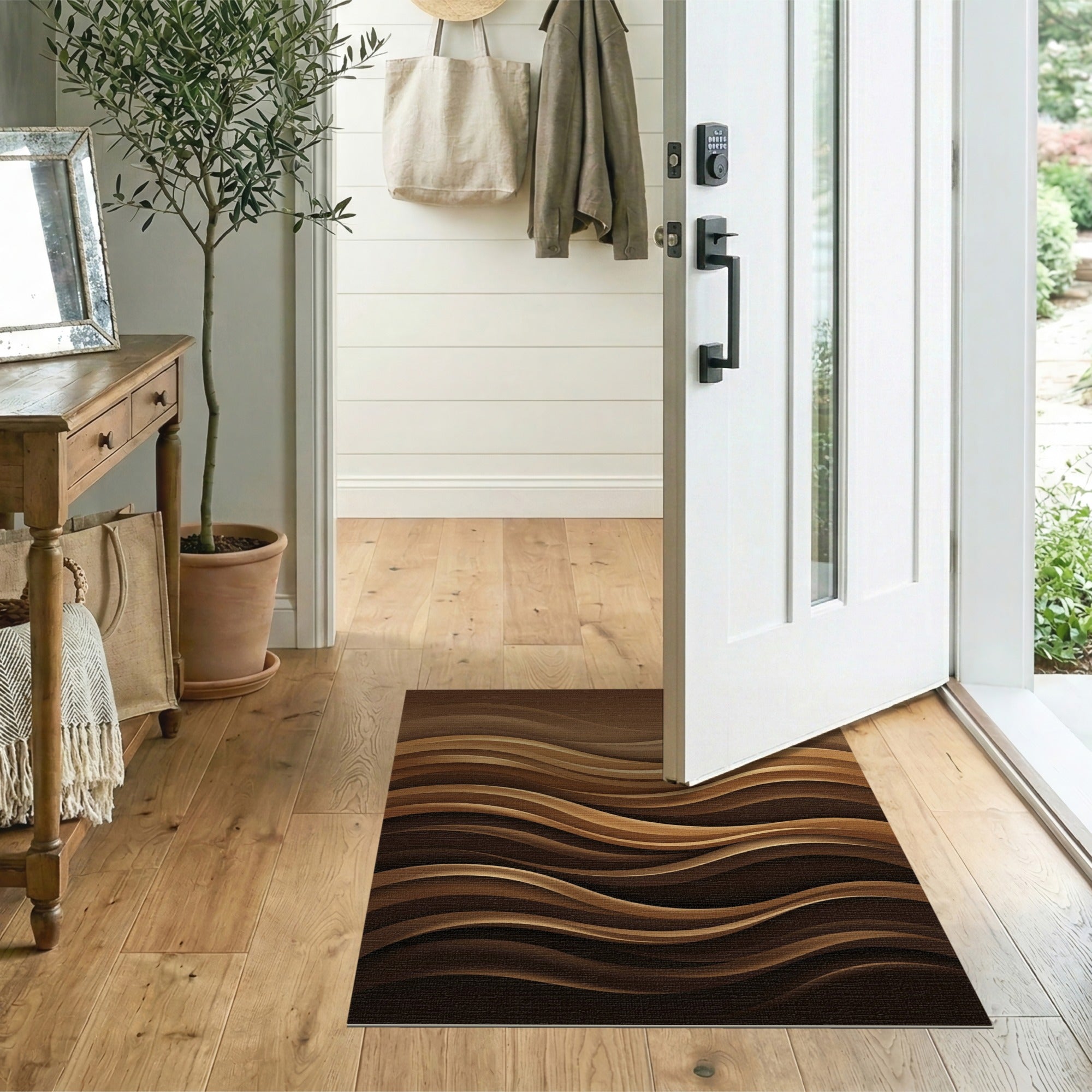 ODIKA Modern Abstract Wave Brown Washable Rug - Low Pile, Non-Slip & Pet-Friendly Area Rug