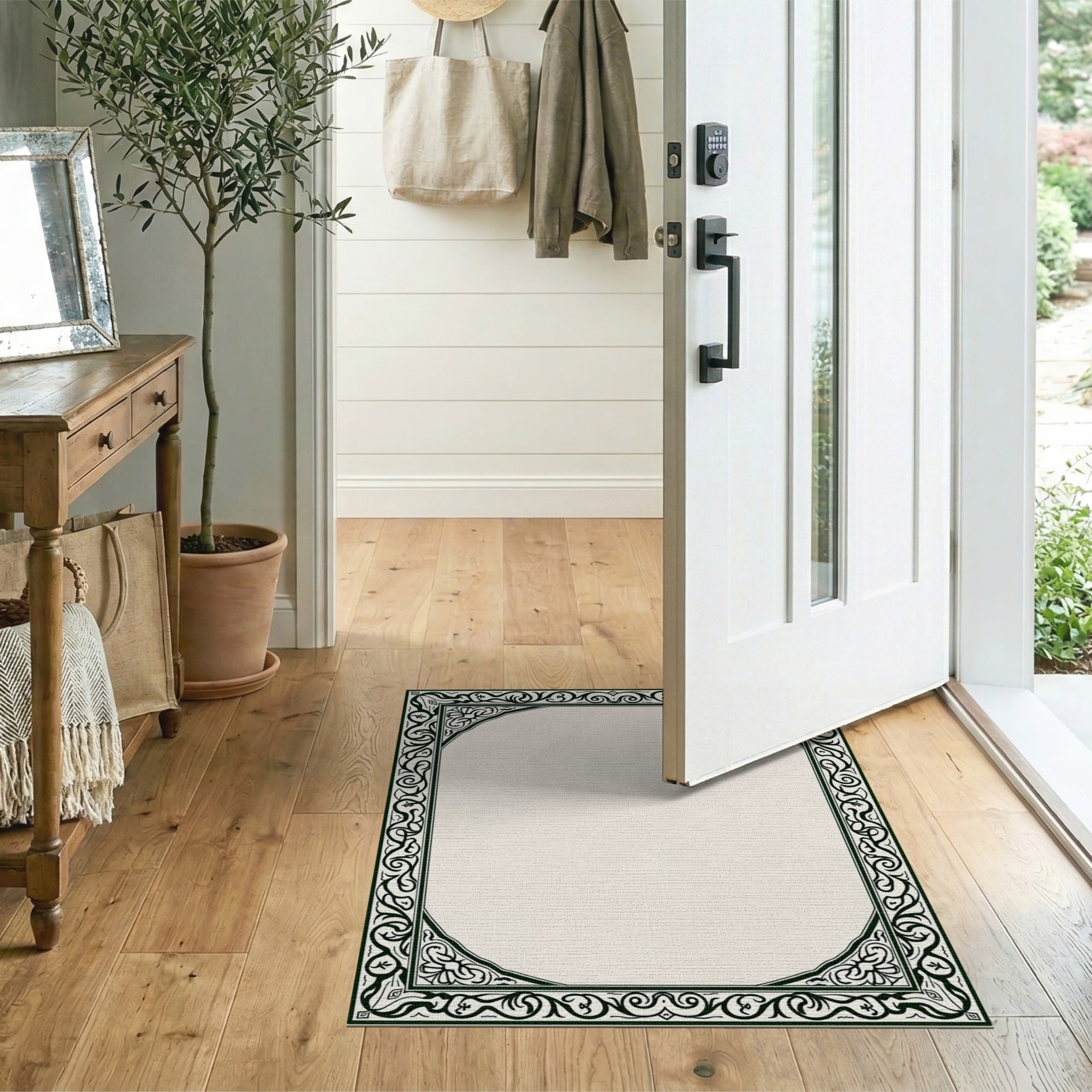 Floral Vintage Beige and Neutral Ornate Floral Vine Border Area Rug